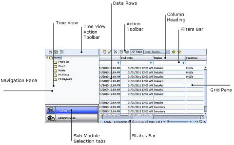 2-2 Getting Started Figure 2-2 Asset Management Main Window (Assets sub-module selected) Navigation Pane At the bottom of the navigation pane, you will find the sub-module selection tabs.