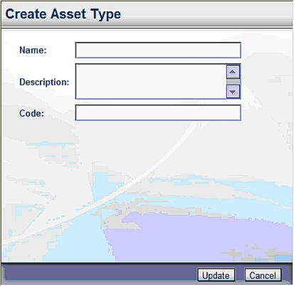 3-2 Asset Types Figure 3-1 Create Asset Type Dialog Box Step 2 Supply asset type name and code. The code must be unique.