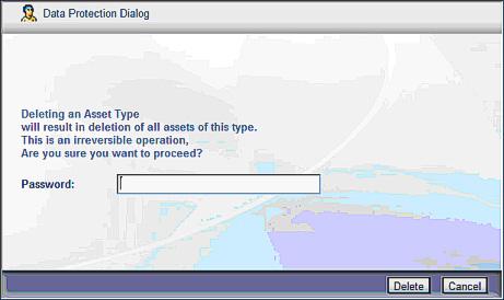 Asset Types 3-3 Figure 3-2 Data Protection Dialog Box (for asset type deletion) Step 2 In the Data Protection dialog box, do one of the following: To delete the asset type, supply your password and