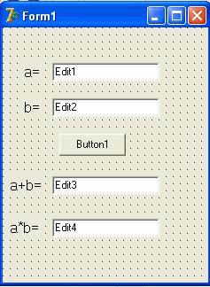Borland C++ Builder da dasturu: float a,b,s,p; a=strtofloat(edit1->text); b=strtofloat(edit2->text); s=a+b; p=a*b; Edit3->Text=FloatToStr(s); Edit4->Text=FloatToStr(p); 1.2-masala.