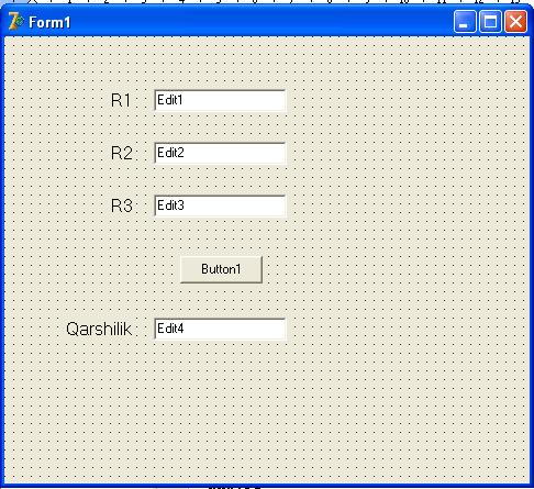 Borland C++ Builder da dasturu: float R1,R2,R3,R; R1=StrToFloat(Edit1->Text); R2=StrToFloat(Edit2->Text); R3=StrToFloat(Edit3->Text); R=R1+R2+R3; Edit4->Text=FloatToStr(R); 1.5-masala.