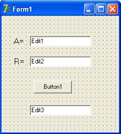 Borland C++ Builder da dasturu: Float a,r,sk,sd; a=strtofloat(edit1 ->Text); r=strtofloat(edit2 ->Text); sk=a*a; sd=pi*r*r; if sk>sd then Edit3 ->Text= Kvadratning yuzi katta!