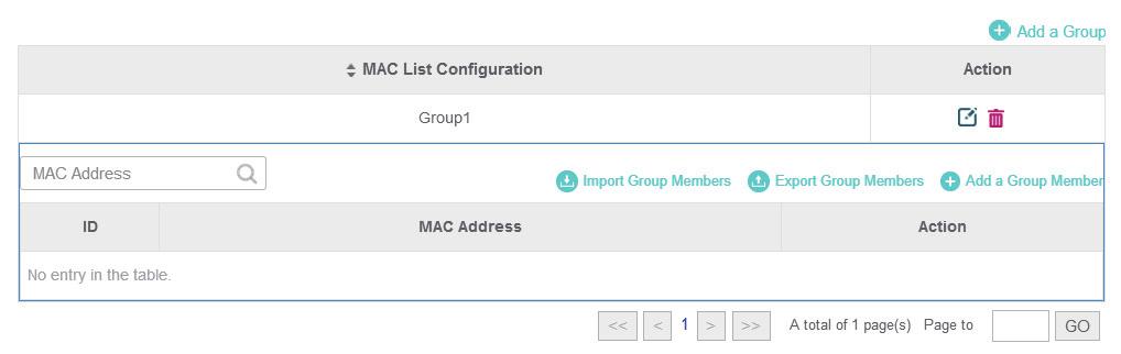 1) Go to Wireless Control > MAC Filter to add MAC Filter group and group members. Figure 5-1 MAC Filter 1. Click and specify a name for the group.