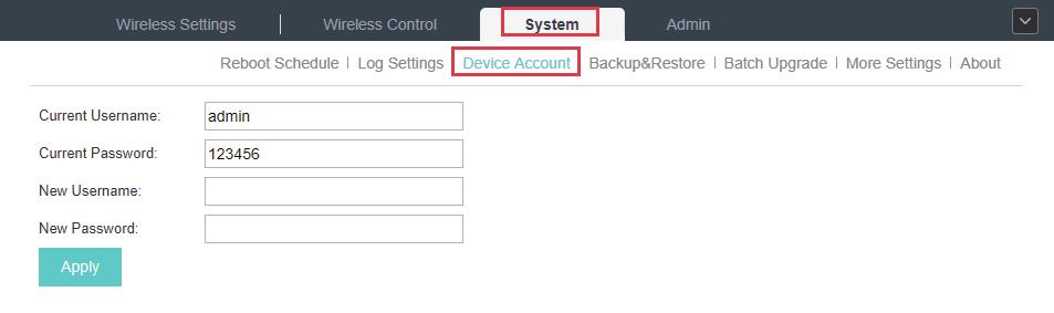 System Configurations. You can specify a new username and password for the adopted EAPs in batches. Follow the steps below to change EAP devices username and password.