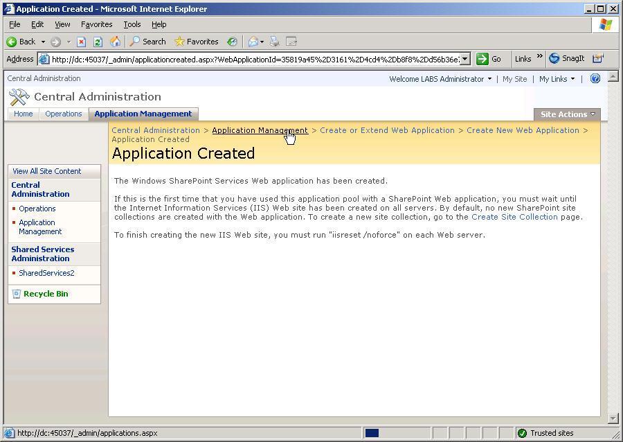 Figure 18: Create Web Application (7) When everything is created on the back-end, you will get a confirmation page stating the application