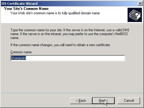 Next, fill in the name of the Sharepoint server.