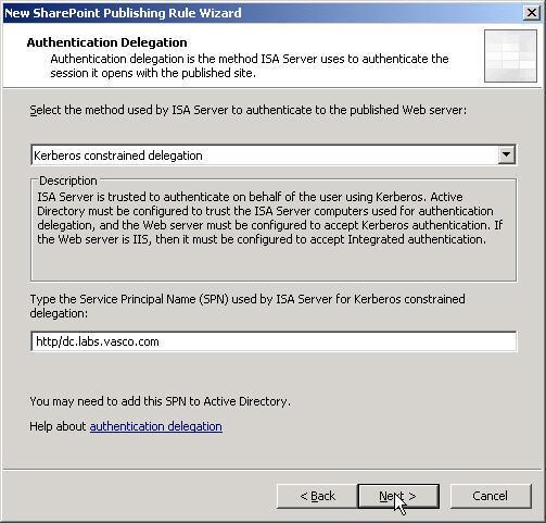 In the Authentication Delegation screen, select Kerberos constrained delegation as the method used by the ISA server to authenticate to the