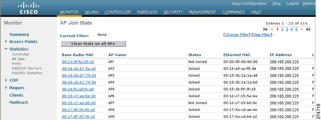 Autonomous Access Points Converted to Lightweight Mode Chapter 8 Figure 8-15 AP Join Stats Page This page lists all of the access points that are joined to the controller or that have tried to join.