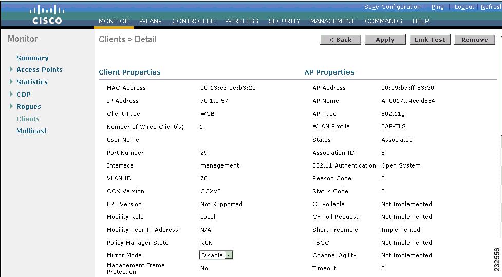 Cisco Workgroup Bridges Chapter 8 Figure 8-44 Clients > Detail Page Step 3 The Client Type text box under Client Properties shows WGB if this client is a workgroup bridge, and the Number of Wired