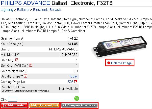 Compare Products and Item Details, Continued Step 4, Cont.: The Item Details screen is displayed.