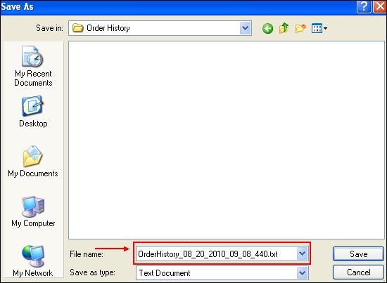 Step 8: Click the Open button on the File Download window. Result: The Order History Download file is displayed.