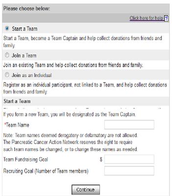 Registering for PurpleRide: Start a Team To start a new team of which you will be the team captain, select the Start a Team button and enter the following information: Team Name: Enter a team name.