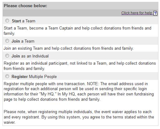 Registering for PurpleStride: Join as an Individual To join as an Individual - NOT a member of a team - select the Join as an Individual radio button.