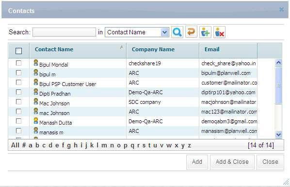 Contacts screen i. Select the specific contact(s) from the list whom you want to share the folder. ii. Click Add & Close or click Add and Close separately to close the window.