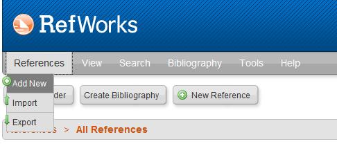 3.3 ENTER REFERENCES MANUALLY To manually add references to your RefWorks database, click on the main menu option References in the top left-hand side of the screen.