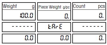 4.3. Manual Tare (tare un item of unknown weight) Tare is indicated by the "Tare" annunciator. Place the empty container on the weighing pan (ex.