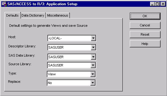 Using the SAS/ACCESS Interface to R/3 4 Application Setup Window 23 To display the Application Setup window: 1 From the SAS desktop, open the SAS/ACCESS to R/3 desktop that is shown in Display 4.