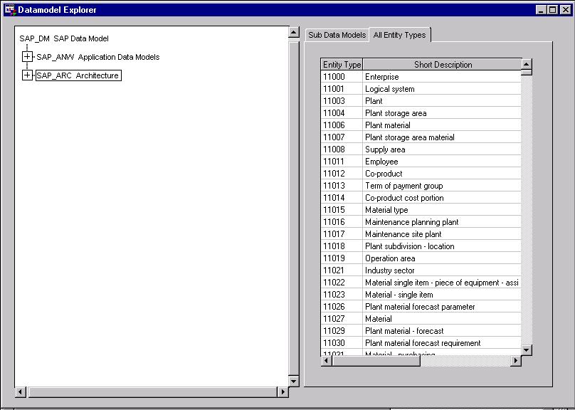 the Datamodel Explorer window displays a table that describes the entity types within the data model that was selected in
