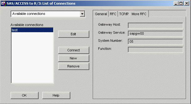 Using the SAS/ACCESS Interface to R/3 4 List of Connections Window 33 The R/3 Connections menu commands are Logon to R/3 List Connections Logoff displays the Logon to R/3 window that is shown in