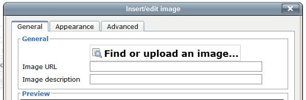 Inserting images You can insert images within any text box by selecting the INSERT IMAGE button. Click on the FIND OR UPLOAD AN IMAGE link.
