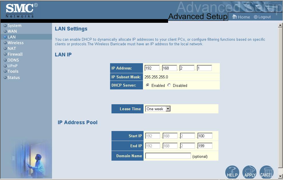 Configuring the Wireless Barricade Router LAN LAN IP Use the LAN menu to configure the LAN IP address for the Wireless Barricade and to enable the DHCP server for dynamic client address allocation.