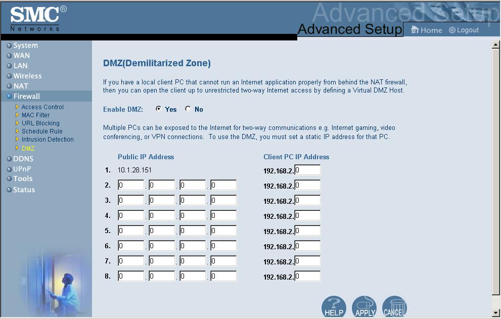 Configuring the Wireless Barricade Router DMZ (Demilitarized Zone) If you have a client PC that cannot run an Internet application properly from behind the firewall, then you can open the client up