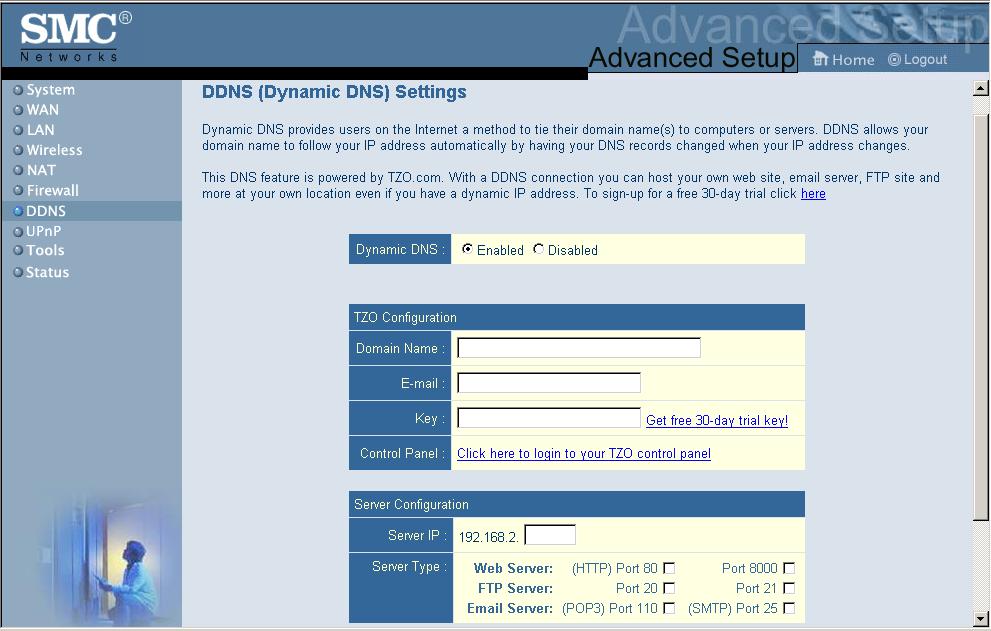 Advanced Setup DDNS (Dynamic DNS) Settings Domain Name is a series of alphanumeric strings separated by periods, that is the address of a network connection and that identifies the owner of the