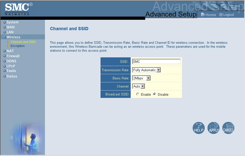 Advanced Setup Wireless To configure the Wireless Barricade as a wireless access point for wireless clients (either stationary or roaming), all you need to do is define the radio channel, the Service