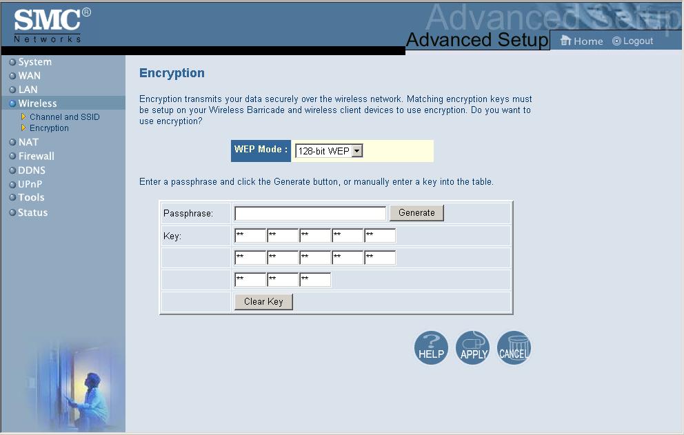 Advanced Setup You may automatically generate encryption keys or manually enter the keys. For automatic 64-bit security, enter a passphrase and click Generate.