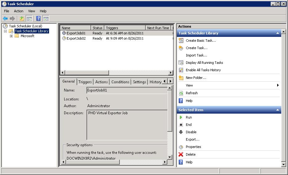 When open, you can view your created export jobs in the list of scheduled tasks. The following image shows the list of tasks as seen in the Windows Task Scheduler on a Windows 2003 machine.