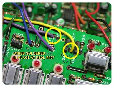 One wire should connect from the location of R426 on the switchboard PCB to the location of R82 on the main PCB. The pad for R426 should be the junction of R426 and the base of Q413.