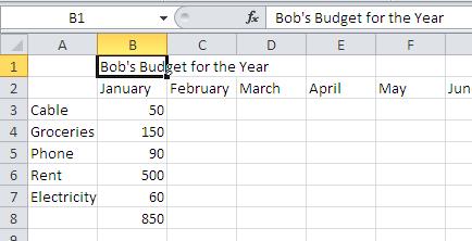 Text Wrapping and Centering Data across Columns Let s give Bob s budget a title. Start by adding a row above row 1. Now, type in cell B1, Bob s Budget for the Year.