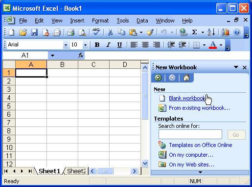 The New Workbook task pane opens on the right side of the screen. Choose Blank Workbook under the New category heading. A blank workbook opens in the Excel window.