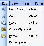 The Cut, Copy and Paste operations also appear as choices in the Edit menu: The Cut, Copy and Paste operations can also be performed through shortcut keys: Cut Ctrl+X Copy Ctrl+C Paste Ctrl+V Copy