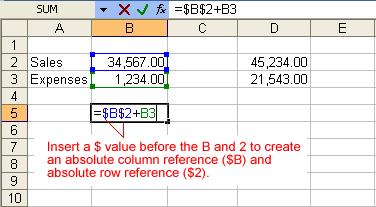 Copy and Paste the formula to another adjacent cell. The formula now includes an absolute reference to B2, (=$B$2+D3). 3.