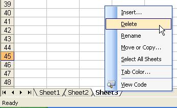 Another way to delete or insert a worksheet is to right-click on the sheet to be deleted and then select Delete or Insert from the shortcut menu.
