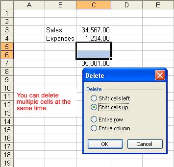 Select either: Shift cells left to shift cells in the same row to the left.