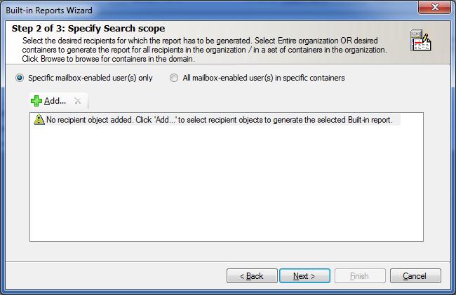 Select Specific mailbox-enabled user(s) only option to generate the report for selective mailbox(s).