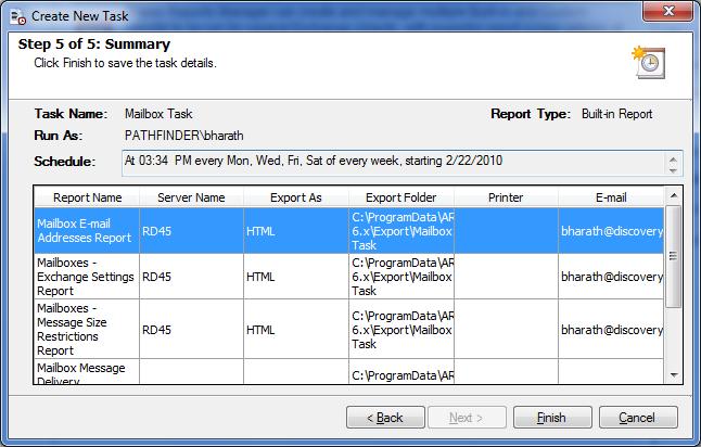 CHAPTER 4 Power Reports Step: 5: Summary This step displays the summary information of the task. Click Finish to save the task details.