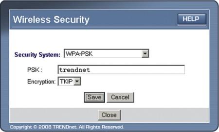 3. This example below is WPA-PSK. Select a Security System and enter an encryption key in the PSK field. Keep the Encryption value as TKIP, click Save and then click Close.