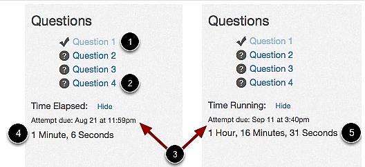 The sidebar on the right allows you to view: 1. a summary of answered questions 2. list of unanswered questions 3. due date for the quiz 4. elapsed time for untimed quizzes 5.