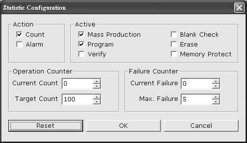 Statistic Menu Hot key Options / Statistics F6 Action Enables either the counter or alarm when the target count or maximum failure count reaches the preset limit.