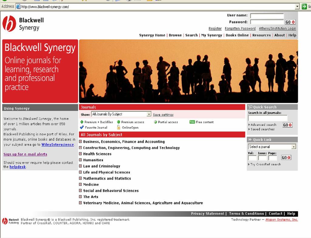 Blackwell Synergy (http://www.blackwell-synergy.com/) Blackwell Synergy is the online journals service from Blackwell Publishing.