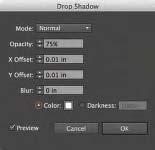 11 Choose Effect > Drop Shadow. In the Drop Shadow dialog box, choose Normal from the Mode menu. Change the X Offset and Y Offset to.01 in, and the Blur to 0.