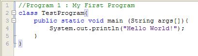 5. That will create the empty Java file. 6. In the space provided we re going to type our first program. 7. Now click on the Build File icon. This will compile the program.