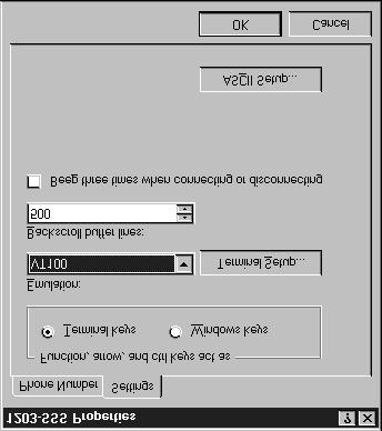 Configuring the 1203-SSS Converter 3-5 10. In the File menu, select Properties. The Properties dialog box appears. Figure 3.5 Properties Dialog Box 11. Click the Settings tab. 12. In the Function, arrow, and ctrl keys act as box, verify Terminal keys is selected.