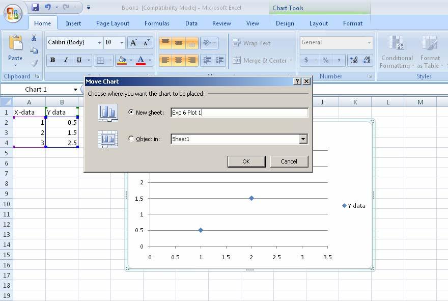 Save your data plot as a new sheet, give it a name associated with the data. 13 Add the chart title and axis names by clicking the Design tab then Chart Layouts.