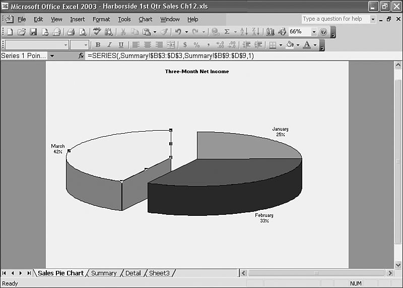 238 Hour 12 FIGURE 12.17 A pie slice pulled from a pie chart. Summary This hour gave you a complete education on Excel s powerful charting capabilities.