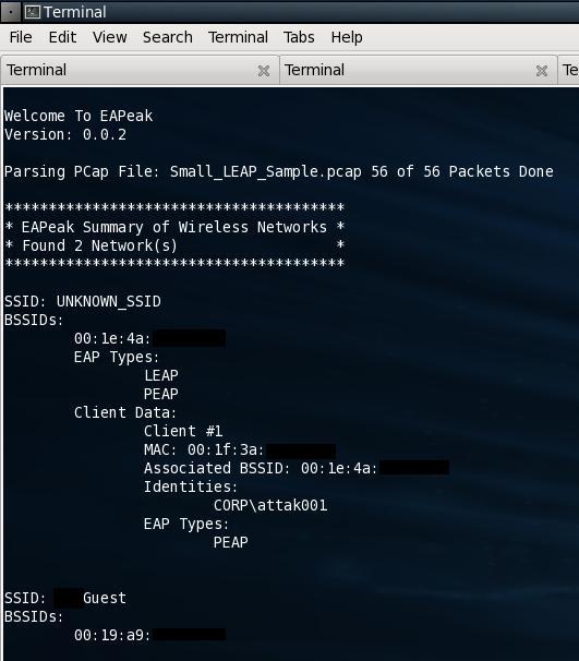 Figure 2: The output of a parsed PCap file With this information the attacker can clearly see what clients are connected to this network, what their MAC address is, and which AP which with they are