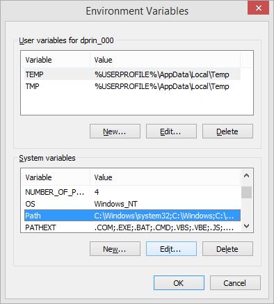 Select the Path variable in the System variables grup Click Edit.